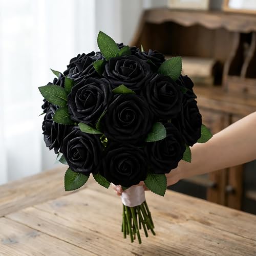 30pcs Real Looking Black Foam Artificial Roses with Stems, Fake Rose Flowers for DIY Wedding Bouquets Bridal Shower Centerpieces Home Party Tables Valentine's Day Mother's Day Decor Gift - color: 30pcs Black