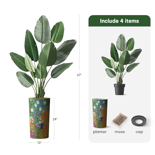 Artificial Tree in Colorful Flower Pattern Planter, Fake Bird of Paradise Silk Tree for Indoor and Outdoor Home Decoration - 67" Overall Tall (Plant Pot Plus Tree) - style: Bird of Paradise
