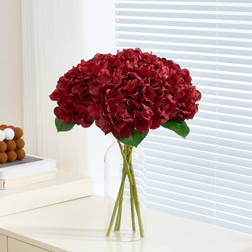 8Pcs Burgundy Fake Flowers Silk Hydrangea Artificial Flowers Bouquets Faux Hydrangea Stems for Home Table Centerpieces Wedding Party Decoration - color: Burgundy