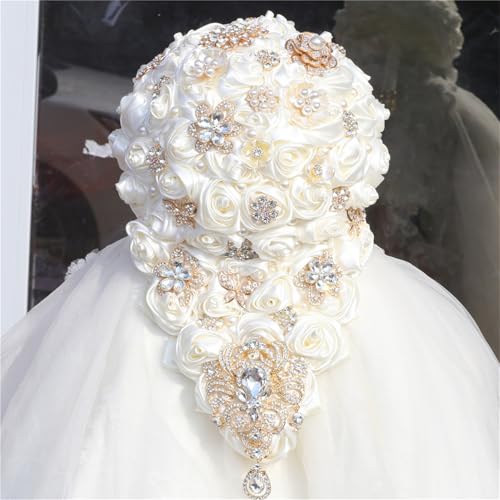 Handmade Satin Rose Water Drop Bridal Bouquet 8.7inch Crystal Wedding Round Tossing Bouquet Jewelry Proposal Bridesmaid Bouquet Groom Corsage Bride Wrist Flower Ivory (Ivory) - color: Ivory