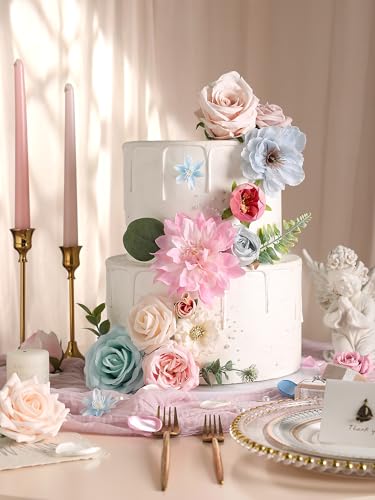 Artificial Flowers Roses Fake Flowers with Stems Blue Pink Artificial Flowers for DIY Bridal Bouquets Faux Flowers Centerpieces for Table Home Decor - color: Blue&pink