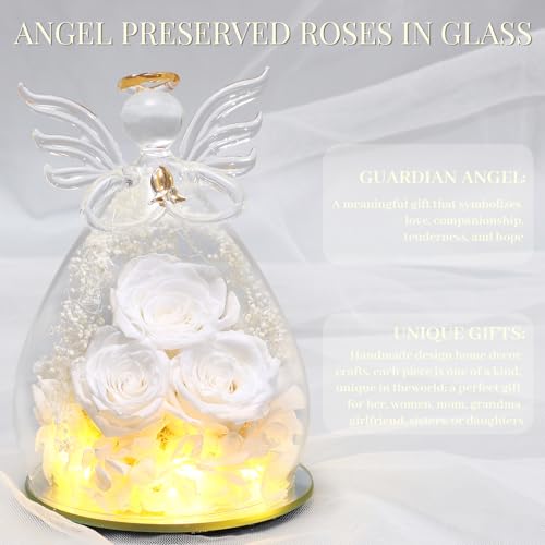 Beferr Gifts for Mom Birthday Gifts for Women, Fresh Flowers for Delivery Forever Preserved Rose in Glass Angel Figurine, Anniversary Christian Real Rose for Grandma Wife Mother from Daughter Son - color: C White