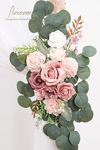 Floroom Arch Flowers with Drapes Kit (Pack of 4) - 2pcs Artificial Dusty Rose & Blush Floral Swag Arrangement with 2pcs Draping Fabric for Wedding Ceremony Arbor and Reception Backdrop Decoration - color: Dusty Rose & Blush