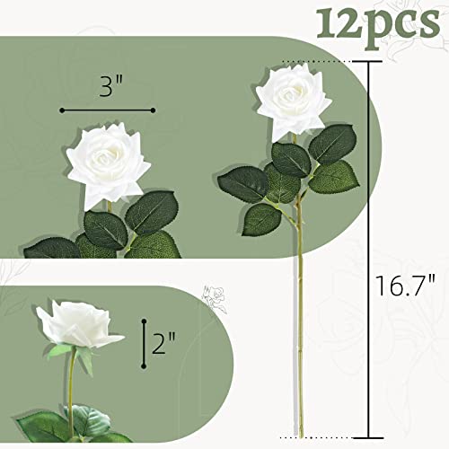 ZMZQ&flw White Roses Artificial Flowers 12PCS, Real Touch Silk Flowers, Realistic Single Fake Flower with Stems Leaves for Wedding Table Bouquet Home Decor - color: White 12pcs