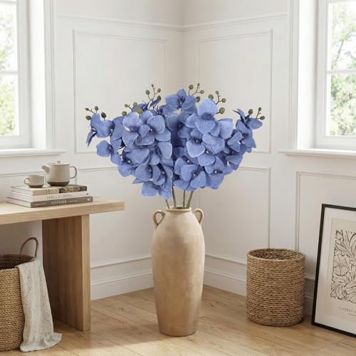 6 Pcs Blue Artificial Phalaenopsis Orchid Flowers 30" Velvet Silk Faux Orchid Stems Tall Fake Orchid Plants for Bathroom Office Wedding Party DIY Floral Arrangements (Blue) - color: Blue