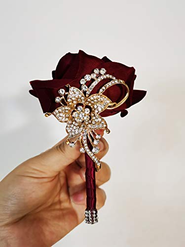 YIFUwedding Bride Water Drop Wine Red Bouquet Navy Blue Luxury Jewelry Proposal Bridesmaid Groom Corsage Wrist Flower Wedding Decoration (Wine Red Groom Corsage) - color: Wine Red Groom Corsage