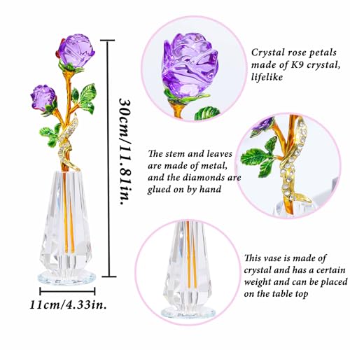Arikyrist Purple Rose Flower Crystal Figurine with Vase, Handmade Bouquet Glass Flowers Ornament Rose Gifts for Wife Women, Crystal Flower Home Table Decor for Valentine Mother's Day Wedding - color: Purple 1