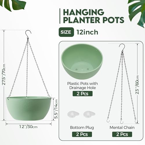 T4U 12 Inch Hanging Planters for Indoor Outdoor Plants, 2 Pack Plastic Hanging Planter, Indoor Hanging Plant Pots, Hanging Basket with Drainage Holes, Flower Pots for Garden Home Decor, Green - color: Green, size: 12 In