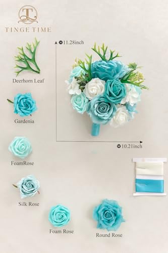 TINGE TIME 9 inch Bridal Bouquets for Bride, Artificial Silk Flowers Tossing Bouquet, Bride Bouquets for Wedding,Ceremony, Anniversary (TealBlue) - color: Teal Blue