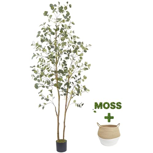 Warmplants Artificial Eucalyptus Tree, 8ft Large Fake Silk Leaves Eucalyptus Plant with Basket, 96” Faux Tree for Home Office Livingroom Floor Decor Indoor Outdoor - size: 8ft
