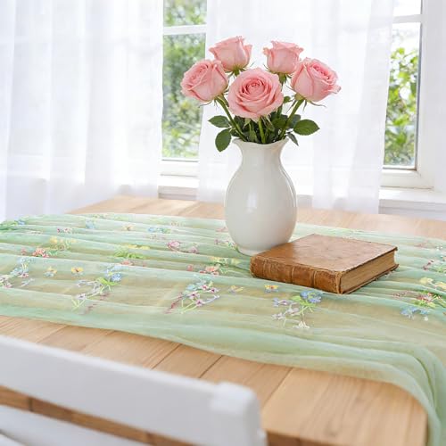 BINBE 1pcs Sage Green Florals Table Runner Embroidery Gauze 10FT Daisy Seasonal Tulle Birthday Wedding Holiday Kitchen Dining Table Decor for Home Party - color: Sage Green, size: 10ft x 1pack