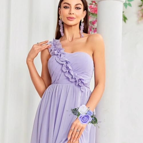 Rose Corsage and Boutonniere Set, 2PCS Handmade Artificial Flower Bride Wrist Corsage Wristlet Bracelets Wristband Men Boutonniere for Wedding Prom Suit Decorations (Purple) - color: Purple
