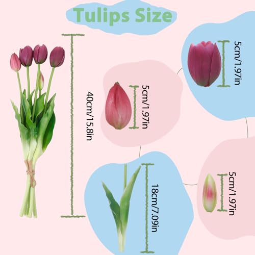 15 Pcs Deep Purple Artificial Tulips Fake Flowers, Premium Latex Lifelike Texture, UV Resistant Waterproof Faux Tulip Bouquets with Snap-on Petals for Outdoor, Home, Wedding Decor - color: Deep Purple