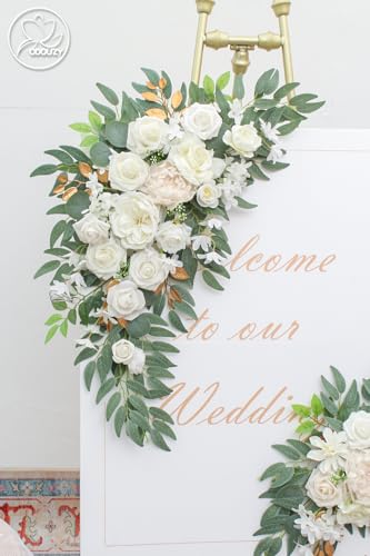 Odouzy Pack of 2 Wedding Arch Decorations Artificial Hanging Flowers Floral Swag for Wedding Welcome Sign Backdrop Balloon Arch Home Party Bridal Ceremony Reusable(White) - color: White