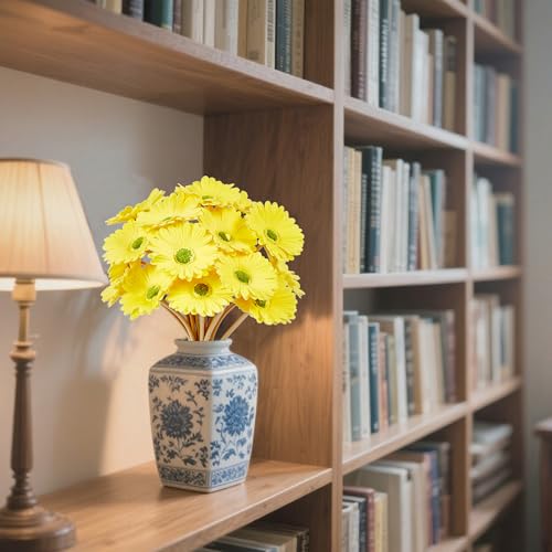 15 Pcs 15 Inch Yellow Artificial Gerbera Daisy Flowers - Fake Mums Daisies Bouquet for Wedding Decor, Party Decorations, Home Kitchen Decorations - color: Yellow - Gerbera