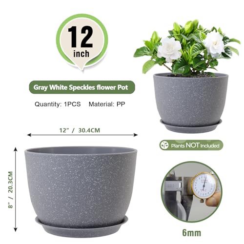 Meowell Plant Pots 12 inch, Plastic Planters with Drainage Holes and Saucers, Large Flower Pots for Indoor Outdoor Plants, Modern Decorative Pots for Garden House Plants, Speckled Grey - color: Speckled Grey, size: 12inch C