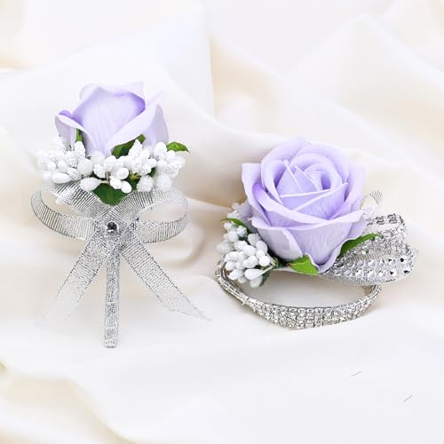 2Pcs Purple Rose Corsage and Men Boutonniere Set Women Wristlet Band Wrist Bracelets, for Prom Wedding Ceremony Flowers Decorations and Homecoming Party Accessories - color: Purple, size: 1 Boutonniere & 1 Wrist Corsage