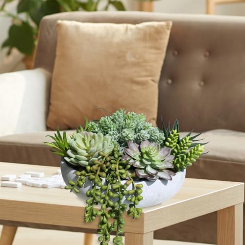 Winlyn 9" Artificial Succulent Arrangement Succulent Plants in Gray Round Planter Faux Potted Succulents for Home Office Bedroom Kitchen Bathroom Table Centerpiece Windowsill Shelf Mantel Decor