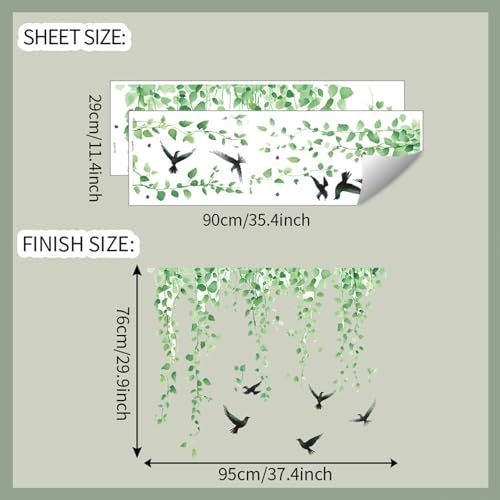 Green Plants Leaves Wall Decals Removable Green Hanging Vines with Birds Wall Stickers Peel and Stick Vinyl Waterproof Leaf Wall Decor for Bedroom Living Room Bathroom Classroom Decorations - style: Green Plants Leaves 3