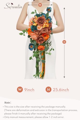 Serwalin Orange & Teal Wedding Bouquets for Bride & Bridesmaid - Fall Cascading Artificial Flower Bouquets for Wedding Ceremony, Bridal Shower & Anniversary - color: Acclaimed Teal and Burnt Orange