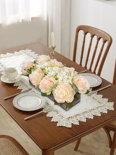 DILATATA Flower Arrangement with Wooden Vase 14" Artificial Flowers in Pot - Fake Flowers Roses Peonies Hydrangeas in Wooden Vase Potted Flower Centerpieces for Table Decor Living Room - Pale Yellow - color: 14"l Pale Yellow