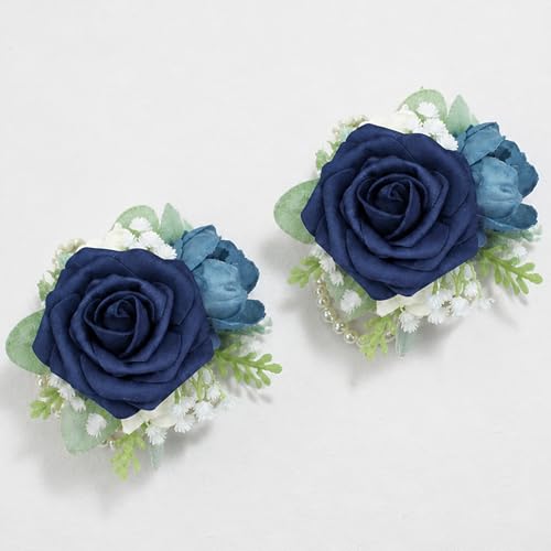 Rinlong 2Pcs Navy Blue Wrist Corsage for Wedding, Prom, Homecoming | Bridesmaid Wristlet, Mother of the Bride Flower Corsage - color: 23-navy