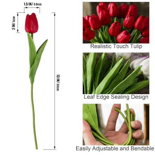 Tanvecle 20pcs Red Artificial Tulip Flowers, Silk Fake Flowers 13" for Mother's Day, Easter, Valentine’s Day Gifts in Bulk, Home, Kitchen, Wedding Decorations - color: Red