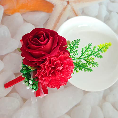 Jilukibo Red Corsage and Boutonniere Set Prom Suit, Artificial Rose Flower Bridesmaid Wrist Corsage Wristband for Groom Groomsmen, Bride Bridal Hand Ribbon Bracelet for Wedding Party Decor (2 Pack)