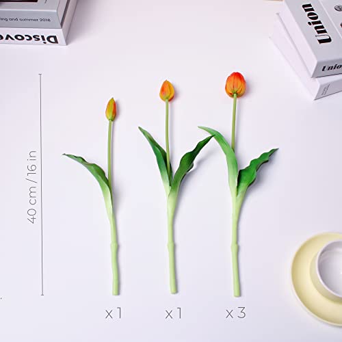 16-inch Premium Real Touch Fake Tulips, Artificial Flowers with Buds, Flexible Stem Easy to Shape, Faux Tulips (Vase not Included), 5-Pack Set of Sunset Orange - color: Sunset Orange