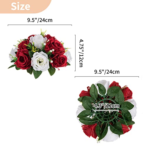 NUPTIO Artificial Flower Centrepieces for Tables - 6 Pcs Crimson & White Fake Flowers Roses Balls 9.5in Diameter - Silk Faux Rose Arrangement for Wedding Party Centerpiece Table Decorations | 6 Pcs 9.5 inch Floral Balls Arrangement for Wedding Birthday Pa