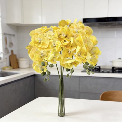 HCTCPALS Artificial Flowers for Outdoors 6 Pcs Orchids Plant Realistic Silk Fake Flowers for UV Resistant Faux Plants Outdoor Indoor Outside Front Porch Hanging Planter Decoration-38" Yellow - color: Orchid Yellow