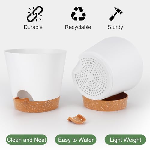 YNNICO 8-Inch Plant Pots, Self-Watering Planters with Drainage Holes & Saucers for Indoor and Outdoor Plants (2-Pack, White) - color: White, size: 8 inch