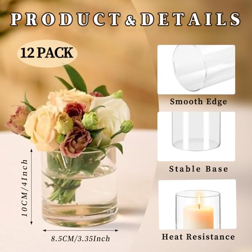 12 Pack Glass Cylinder Vases for Centerpieces 4 Inch Tall Clear Bulk Flower Vase Hurricane Floating Candle Holder for Table Home Decoration Wedding Holiday Floral Shelf Party Dining Decor - size: 4 Inch