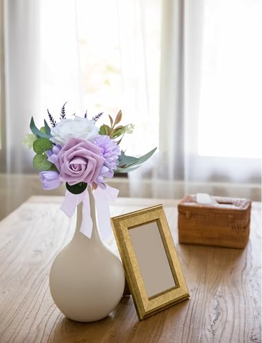 Marriwise Set of 6 Purple Assorted Wedding Flower Centerpieces Pre-Made Mini Bridesmaid Bouquets Artificial Floral Lavender Table Decor for Wedding Decorations Shower Home Decor (Purple) - color: Purple
