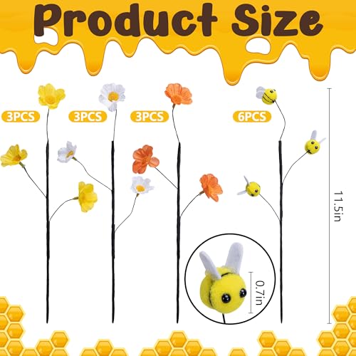 Watayo 15 Pcs Felt Bee Stems with Artificial Flowers Picks, Felt Honeybee Branches Floral Decorative Picks, Bees Daisy Stems Spray Vase Fillers for Table Centerpiece Tree DIY Craft Home Party Decor - color: Bees Flowers-15pcs