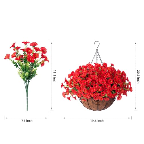 HyeFlora Artificial Fake Hanging Flowers for Outdoors Baskets Spring Decor, Faux Hanging Plants Outside Silk Morning Glory in Planter Look Real UV Resistant for Outdoor Porch Patio Garden Home, Red - color: B Red
