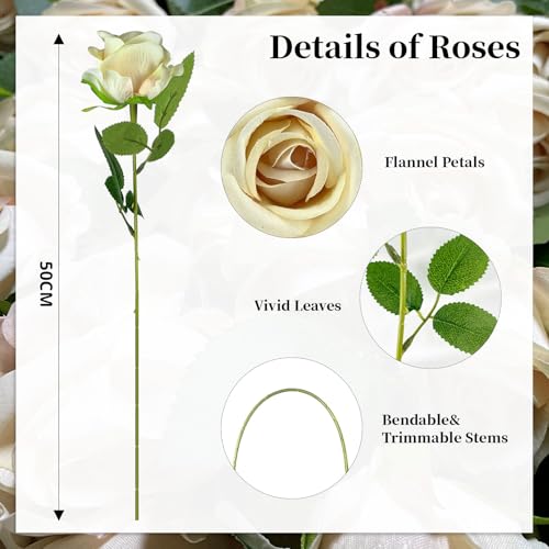 10 PCS Artificial Roses with Long Stems Silk Flowers Realistic Foam Flowers Fake Roses for Valentine's Day Home Wedding Halloween Decor(Champagne) - color: Champagne