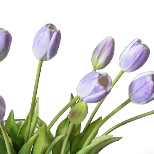 DUYONE 15Pcs Artificial Tulips Flowers, Soft Touch Realistic Latex Tulips Bouquet for Home Office Wedding Party Garden Decor, Fake Flowers for Centerpieces Dining Table Living Room Spring-B Lavender - color: B Style-15pcs Lavender(no Vase)