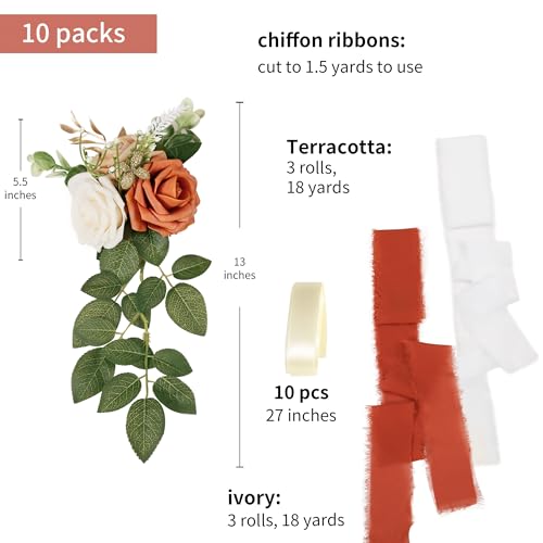Wedding Aisle Decorations for Wedding Ceremony Set of 10 Pew Flowers for Church Chair Decorations Party Decor with Artificial Flowers Eucalyptus and Ribbons Terracotta - color: Terracotta