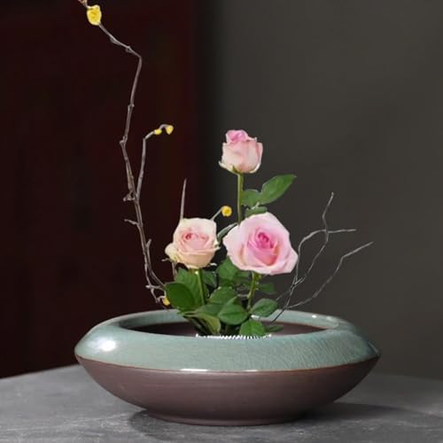 Ikebana Vase Kit Ceramic Flower Frog Vase with Stainless Kenzan Flower Frog Vase Flower Arrangement Pot for Floral Displays Moss & Hydroponic Plants Zen Decor Gift (Ge Kiln Small Size) - color: Ge Kiln Small Size