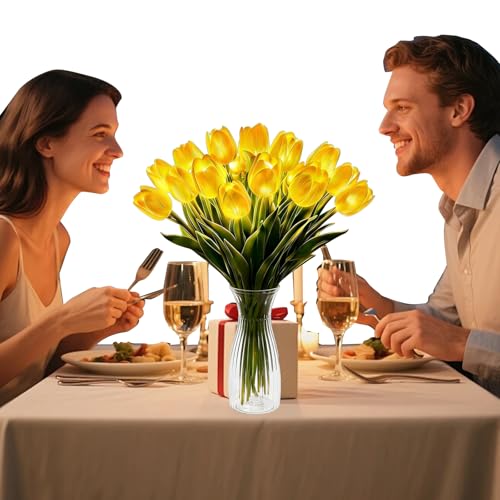 15pcs LED Lighted Artificial Flowers Tulip Lamp with Vase Real Touch Tulips Faux Flower Lights for Valentines Day Gift Easter Home Kitchen Wedding Dining Table Decor (Yellow) - color: 15pcs Yellow