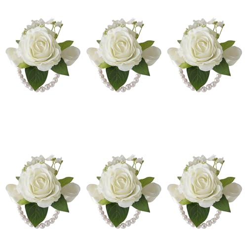 6Pcs Ivory White Faux Rose Wrist Corsages for Wedding, Dance Party | Mother of Bride & Groom, Bride Bridesmaids Pearl Wrist flowers for Wedding Prom Homecoming Party - color: White Wrist Corsage 6pcs