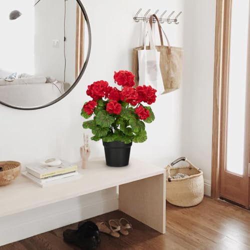 Briful Artificial Geranium Potted Plant – 16” Tall, Realistic Silk Flowers with Vibrant Green Leaves, Red Geraniums Fake Flowers for Outdoors Valentine's Day Home Décor, Farmhouse Office Tables Decor - color: Red