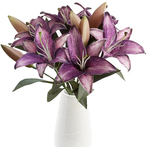 Purple Silk Lily Flowers 6PCS Vintage Faux Flowers for Vase Purple Fake Flowers Tiger Lily Artificial Flowers for Home Decor Indoor Wedding Party Flowers Arrangement - color: 6pcs-purple