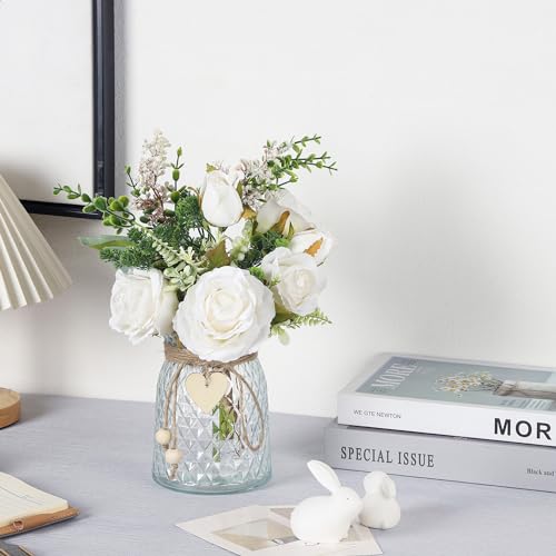 2 Packs Faux Flowers in vase,Fake Flowers with Vase, Artificial Silk Roses in Vase, Artificial Flowers in Vase, Faux Flower Arrangement with Vase for Farmhouse (White with vase)