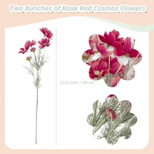 Red Artificial Flowers Fake Cosmos Flowers, 2 Bunches Wedding Bouquets Artificial Cosmos Flowers Bulk, 23.6 Inch Realistic Flower Faux Silk Cosmos for Vase, Dining Table, Floral Arrangement - color: Rose Red, size: 2pcs