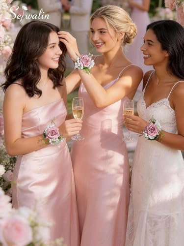 Serwalin 6 PCS Pink Rose Wrist Corsage for Wedding, Corsage for Prom Homecoming Party Corsage Hand Decor for Bride Bridesmaids, Mother of Bride and Groom - color: Pink, size: Corsage 6pcs