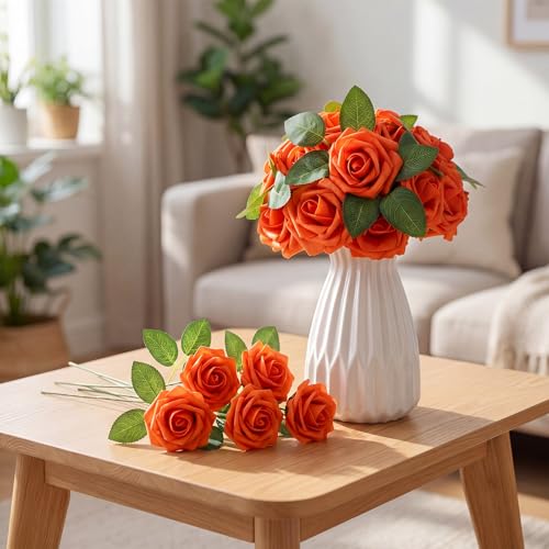 100 Pcs Artificial Foam Rose Flower Faux Bouquet Wedding Fake Rose Gift for Mother's Day Women DIY Bridal Shower Party Table Birthday Home Spring Decor (Burnt Orange) - color: Burnt Orange