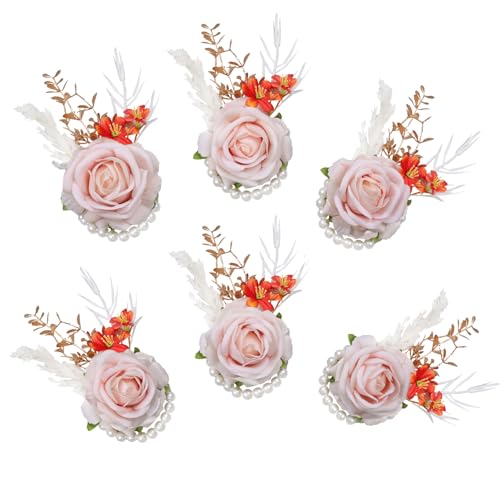 Pink Velvet Rose Wrist Corsage, Set of 6, Wedding Bridal Flower Corsage Hand Decor for Prom Party Homecoming, Wristband Flowers Bride, Bridesmaid, Girl,Mother of The Bride Corsage - color: 6pcs Pink Wrist Corsages