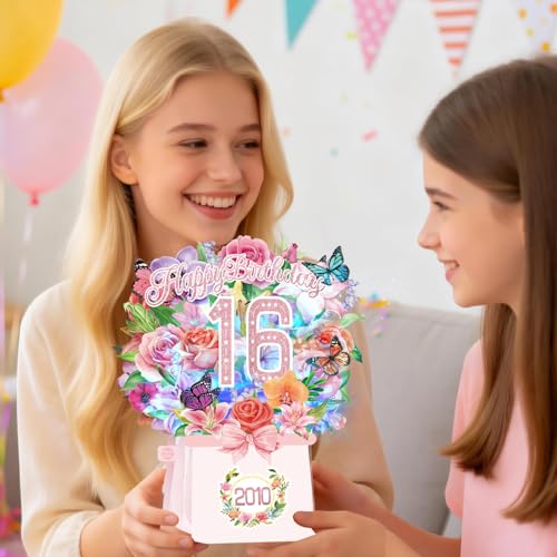 Sweet 16th Birthday Cards, Light and Music 16 Years Old Happy Birthday Card, Rose Lily Orchid and Butterflies, 10 Inch Forever Flower Bouquet 3D Pop Up 2010 Birthday Gift Card for Women Daughter Sister girl - size: 2010-16th